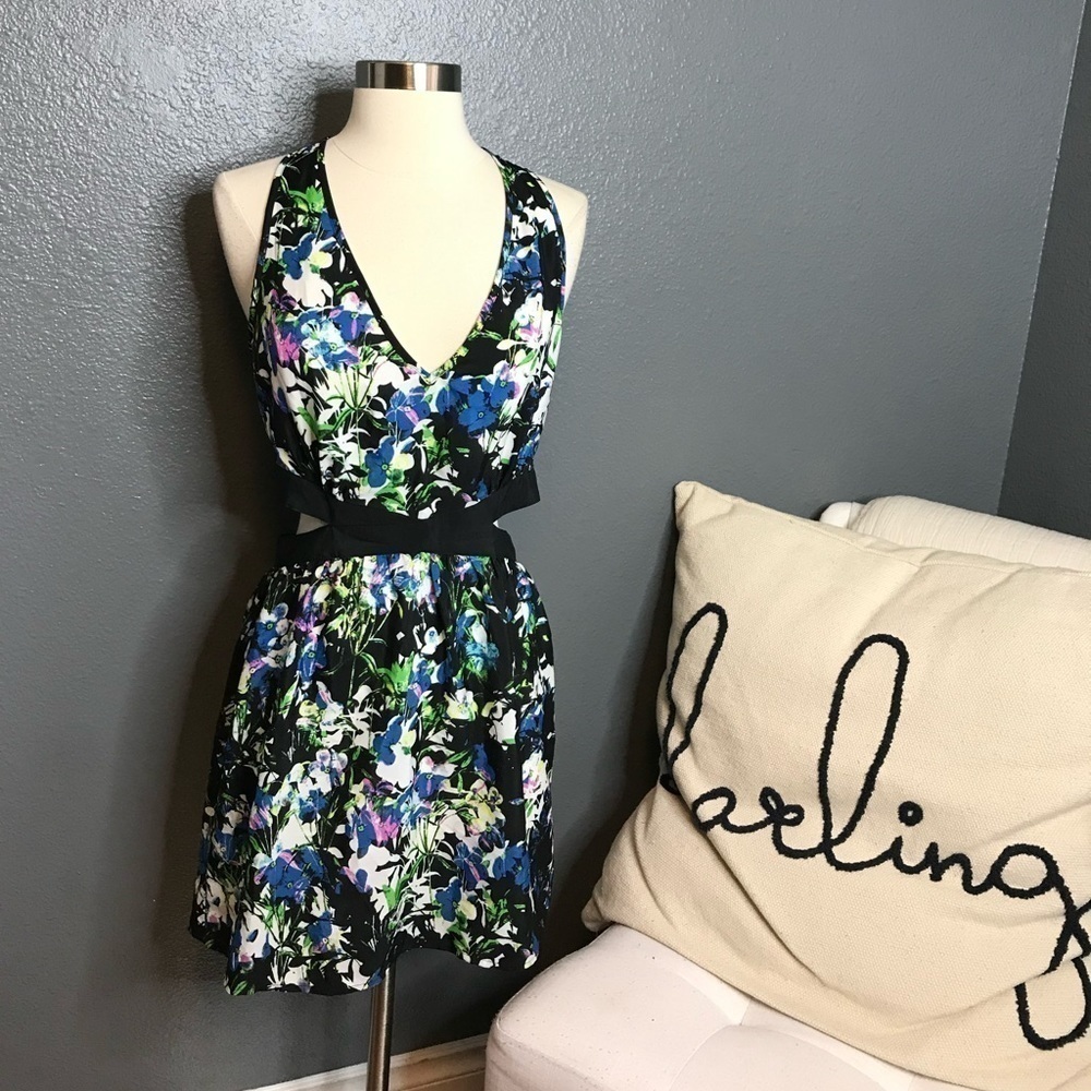 RBL black green and blue floral cutout dress size Small